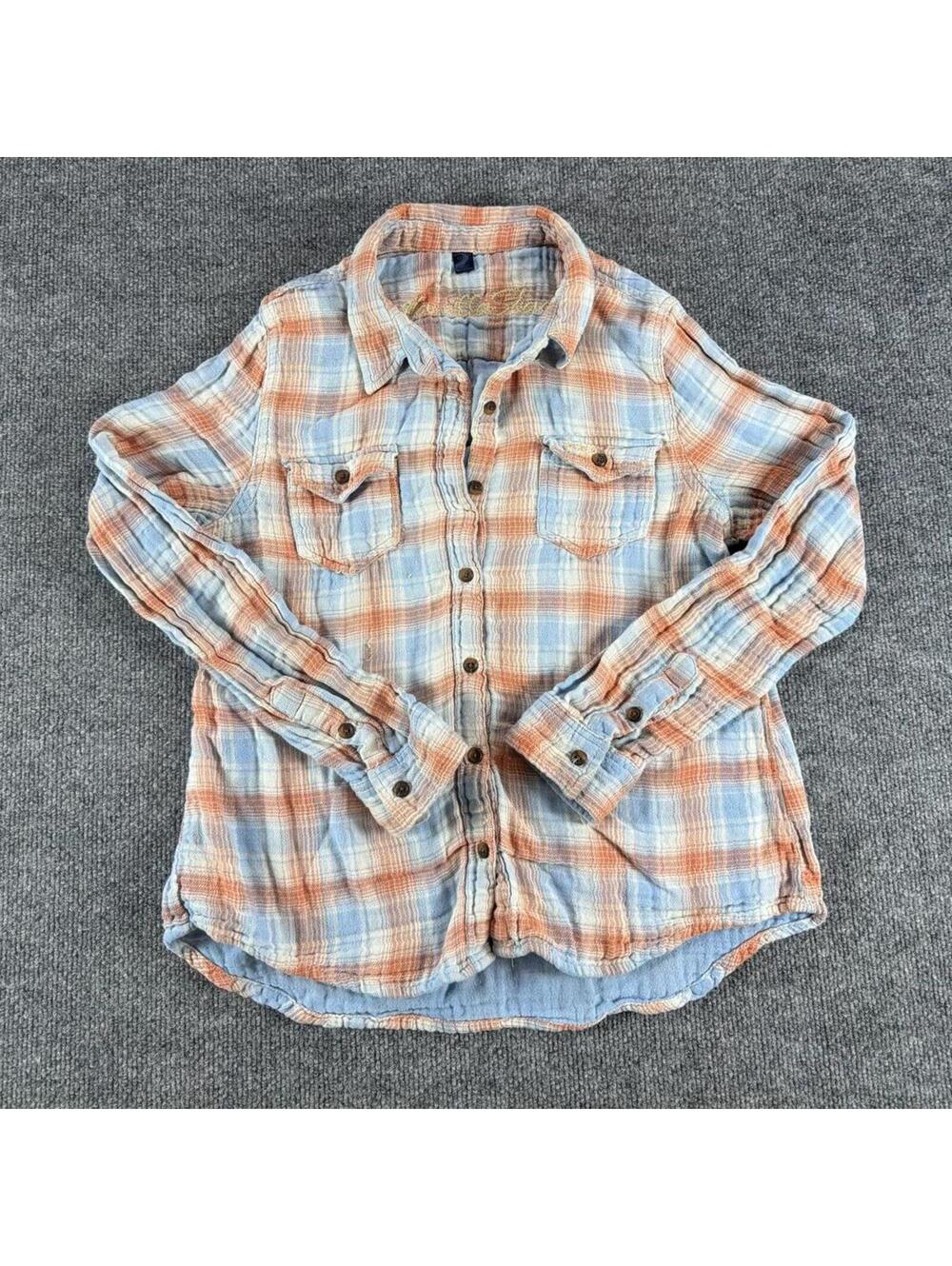 Vanilla Star Lightweight Orange‎ Blue Plaid Button-Up Shirt Large - Flannel